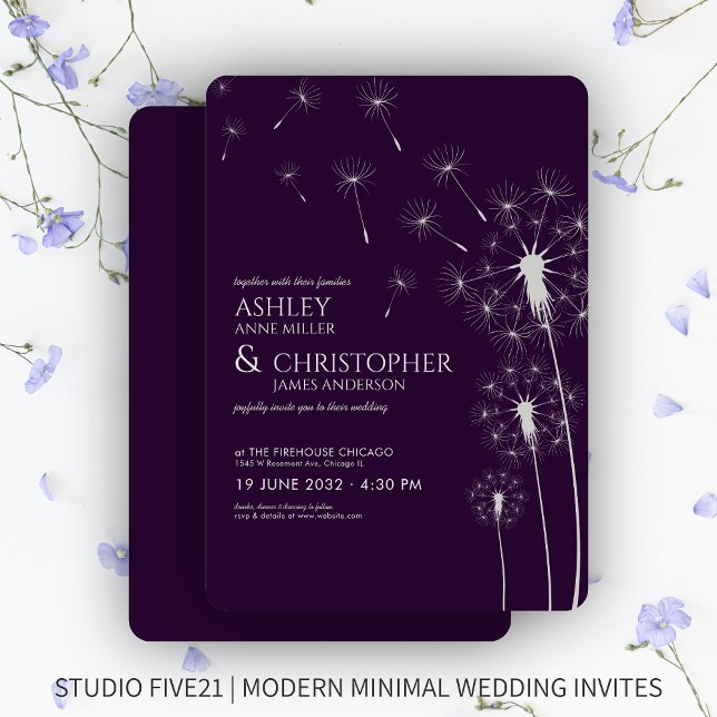 Invitation Mariage simple moderne foncé violet Dandelion (Créateur téléchargé)