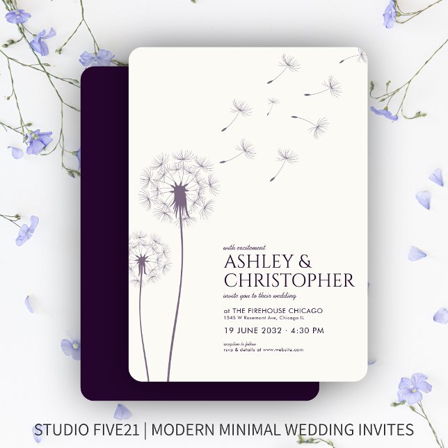 Invitation Mariage simple moderne foncé violet Dandelion (Créateur téléchargé)