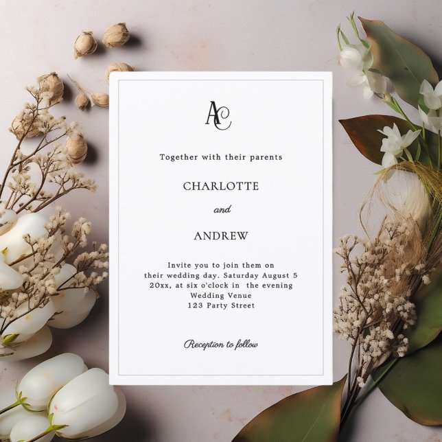 Invitation Mariage simple monogramme moderne noir blanc (Créateur téléchargé)