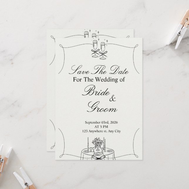 Invitation Mariage Simple Noir & Beige  (Devant/Arrière en situation)