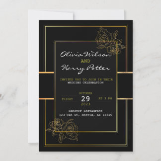 Invitation Mariage simple noir, blanc et or
