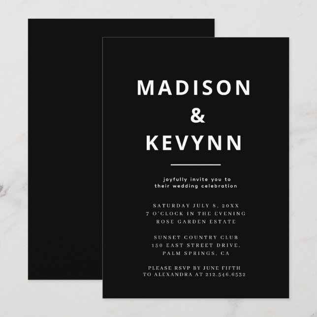 Invitation Mariage simple noir et blanc (Devant / Derrière)