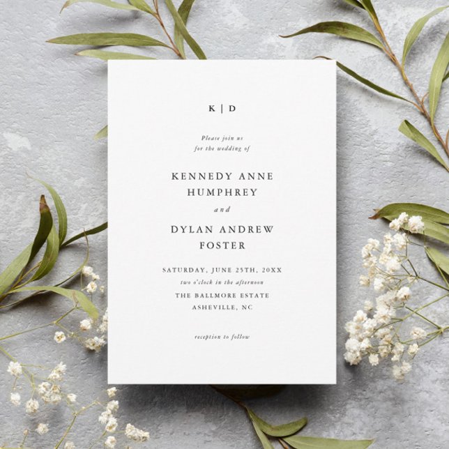 Invitation Mariage simple noir et blanc élégant (Simple black and white wedding invitation with classic monogram and minimalist typography.)