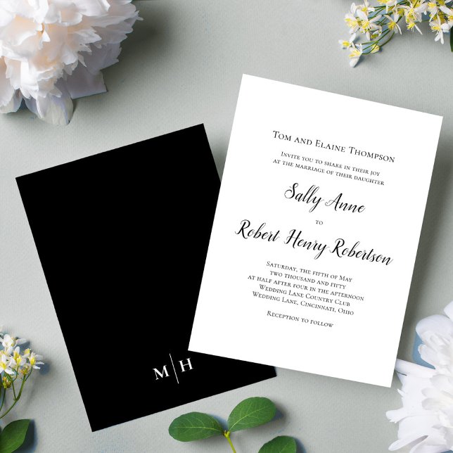 Invitation Mariage simple noir et blanc personnalisé (Simple black and white calligraphy script wedding invitation.)