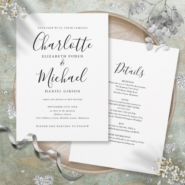Invitation Mariage Simple Noir Et Blanc Tout En Un (All In One Simple Black And White Script Wedding Invitation)