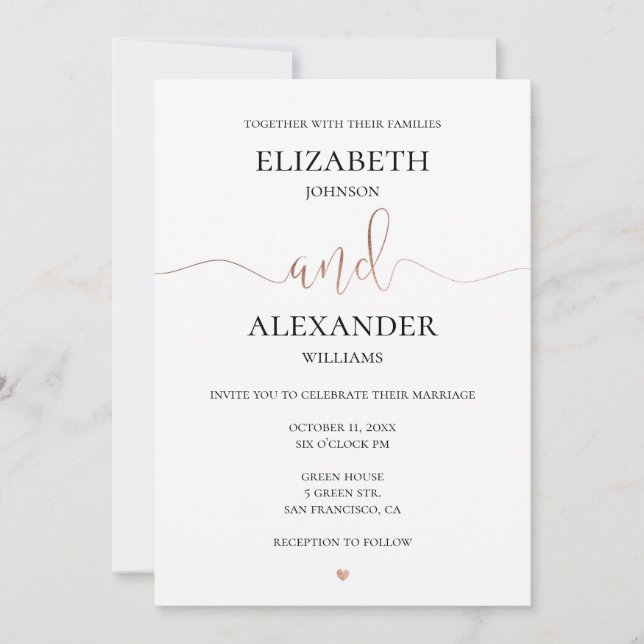 Invitation Mariage simple or et blanc. Calligraphie élégante (Devant)