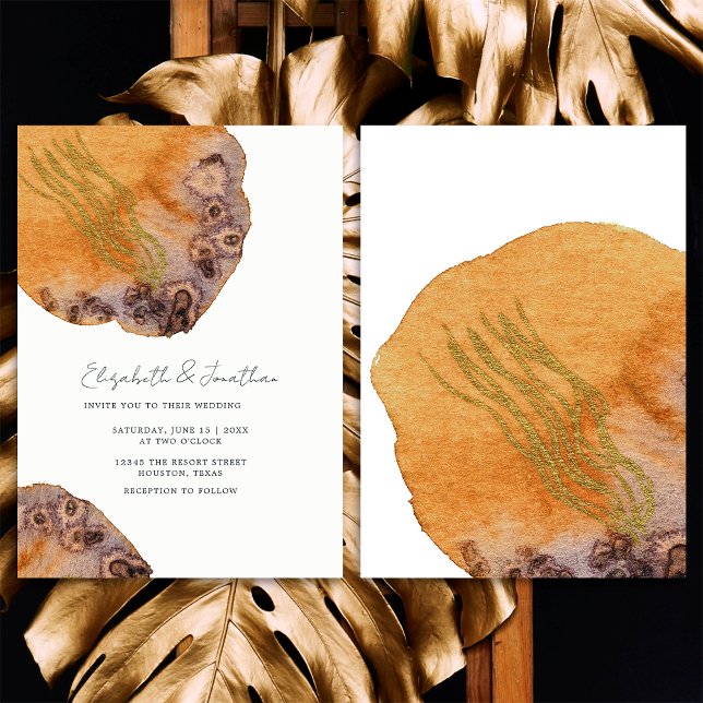 Invitation Mariage Simple Orange Doré Aquarelle Bohème (Front/Back)