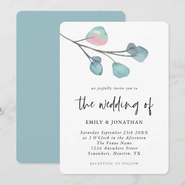 Invitation Mariage simple Pastel Eucalyptus (Devant / Derrière)