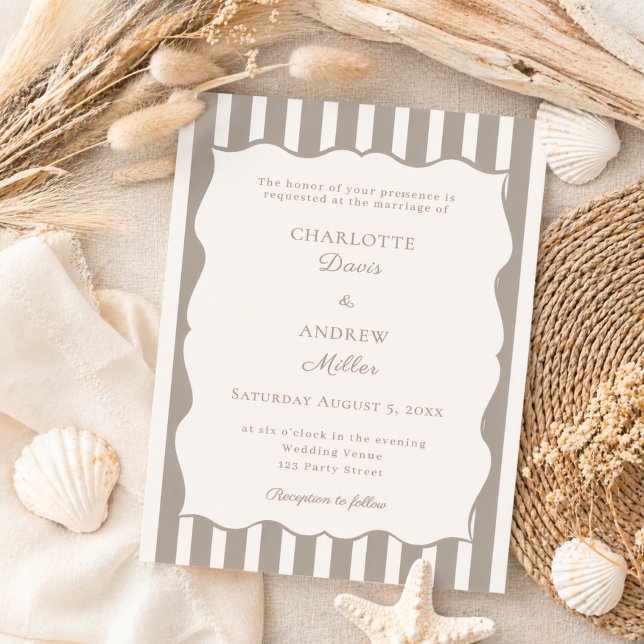 Invitation Mariage simple rayé ivoire taupe (Créateur téléchargé)