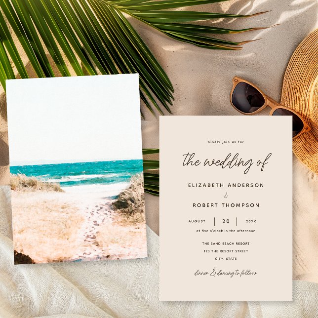 Invitation Mariage Simple Rétro Plage Sable Océan Été (Créateur téléchargé)