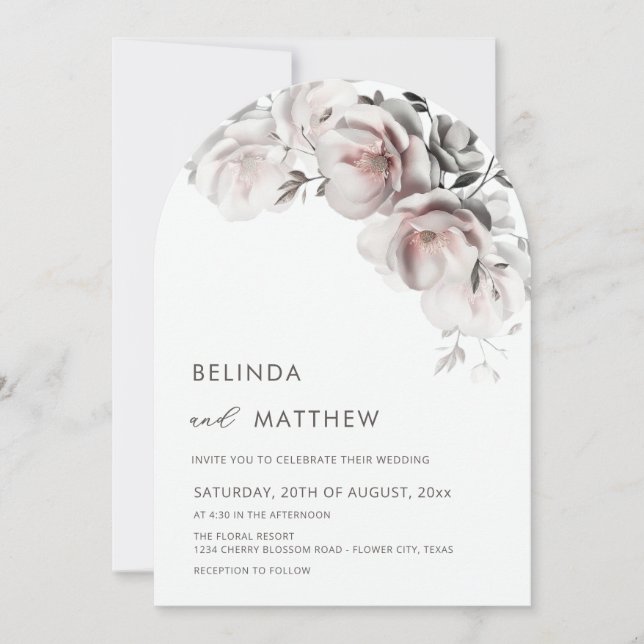 Invitation Mariage Simple Roses 3D Blanc Rosé (Devant)