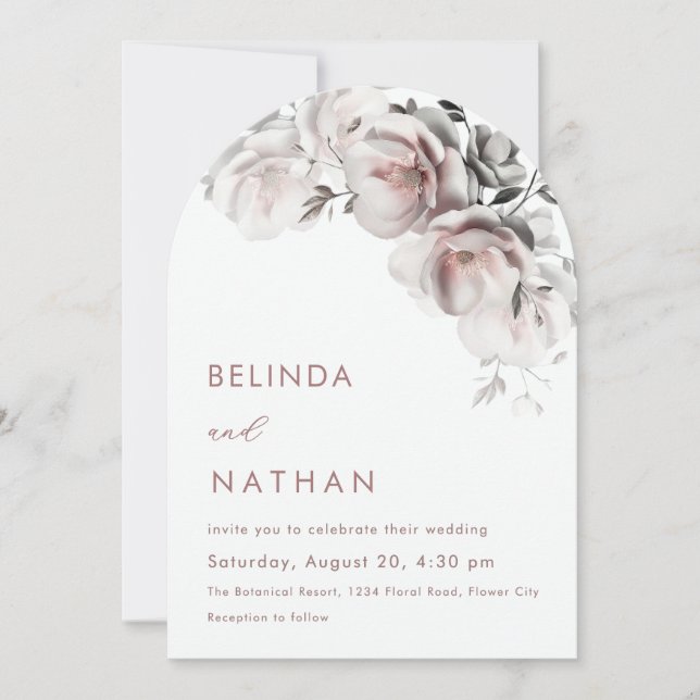Invitation Mariage Simple Roses 3D Blanc Rosé (Devant)