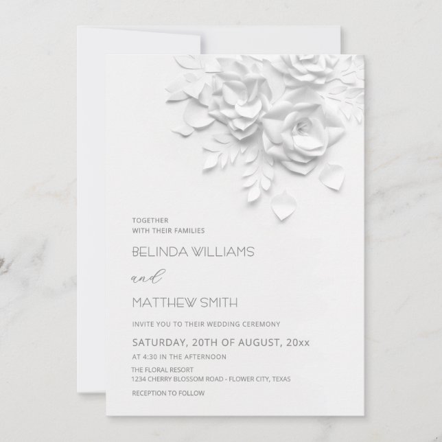 Invitation Mariage simple Roses Fleurs 3D Blanches (Devant)