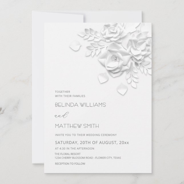 Invitation Mariage simple Roses Fleurs 3D Blanches (Devant)