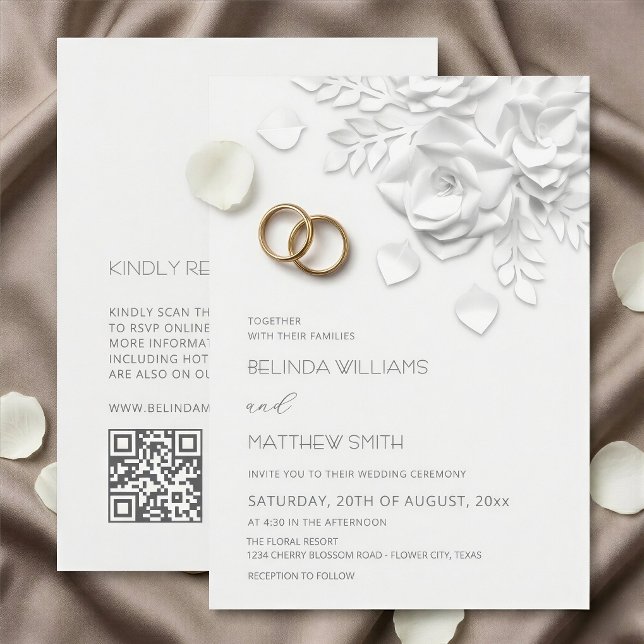 Invitation Mariage simple Roses Fleurs 3D Blanches (Créateur téléchargé)