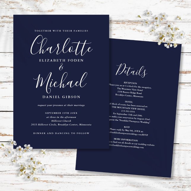 Invitation Mariage Simple Tout En Un Bleu Marine Script (Navy Blue All In One Simple Script Wedding Invitation)
