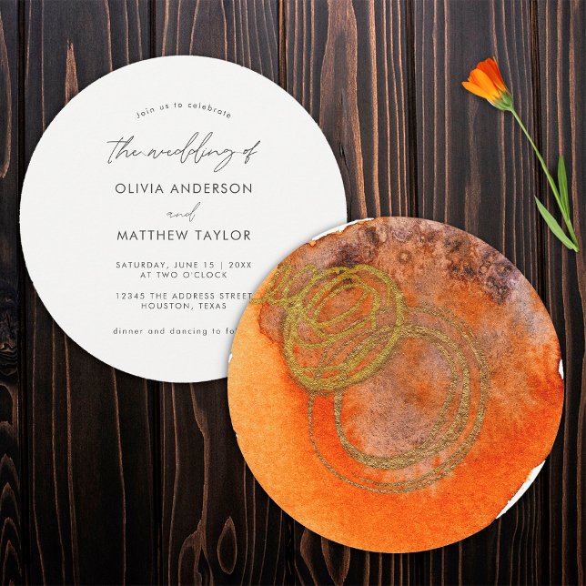 Invitation Mariage Simple Unique Orange Doré Aquarelle Bohème (Front/Back)