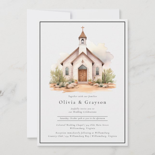 Invitation Mariage simple Western Watercolor Chapelle (Devant)