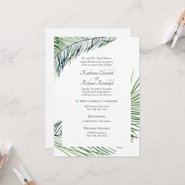 Invitation Mariage Simplement Élégant de Palmiers Tropicaux (Devant/Arrière en situation)