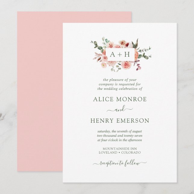 Invitation Mariage Simplement Élégant Roses Roses Pâles et Ve (Devant / Derrière)