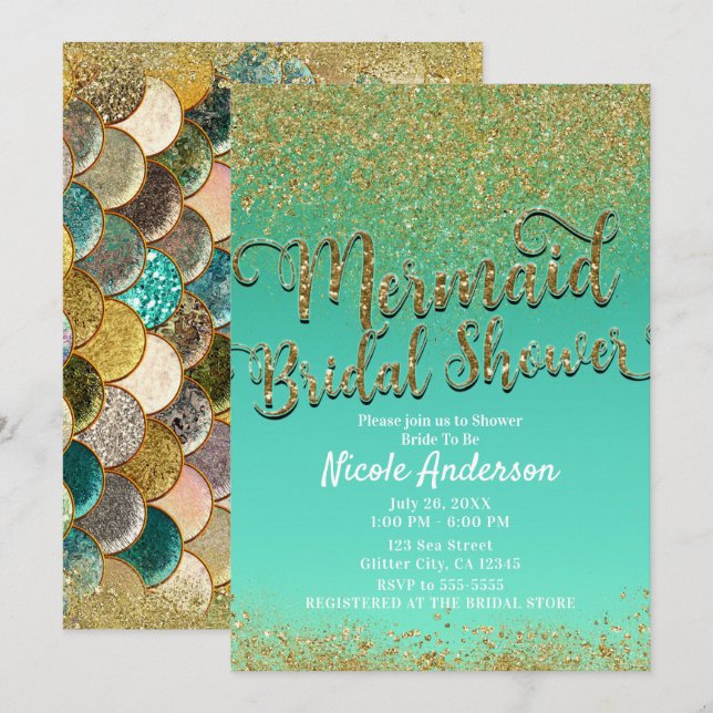 Invitation Mariage Sirène Glamour Doré Paillettes & Sarcelle (Devant / Derrière)