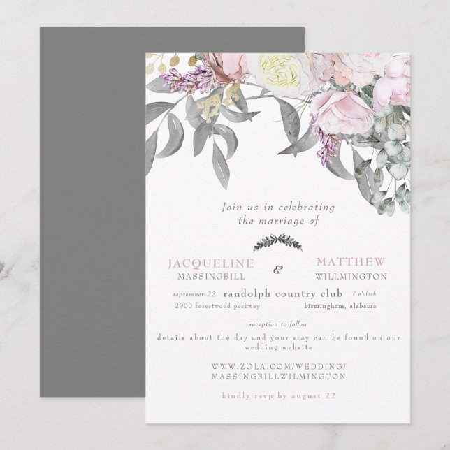 Invitation Mariage Site Web Rose Rose Moderne & Eucalyptus Gr (Devant / Derrière)