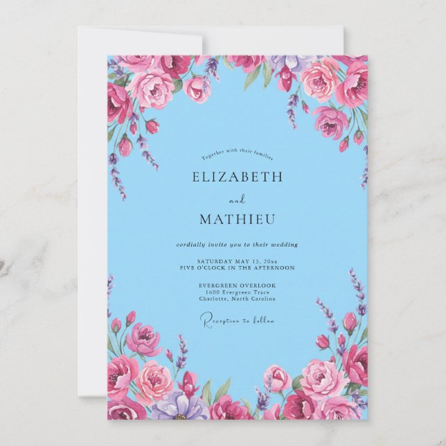 Invitation Mariage Sky Magenta Ranunculus Eucalyptus (Devant)