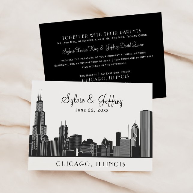 Invitation Mariage Skyline de Chicago en noir et blanc (Créateur téléchargé)