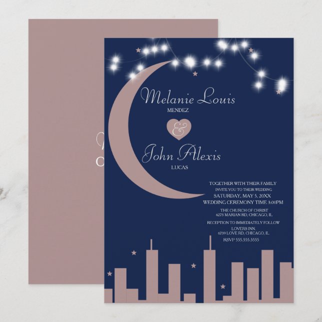 Invitation Mariage Skyline de nuit Blush Rose Navy (Devant / Derrière)
