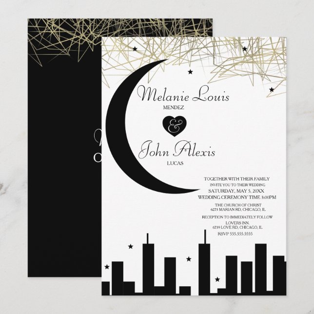 Invitation Mariage Skyline de nuit noir blanc (Devant / Derrière)