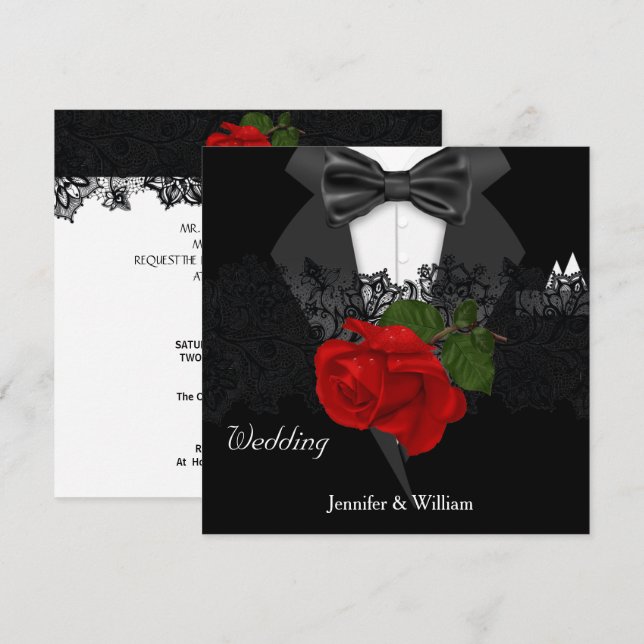 Invitation Mariage Smoking Noir Blanc Rose Rouge Profond (Devant / Derrière)