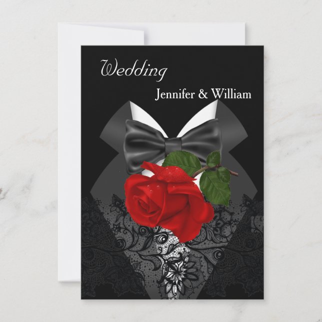 Invitation Mariage Smoking Noir Blanc Rose Rouge Profond 2d (Devant)