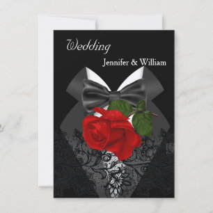 Invitation Mariage Smoking Noir Blanc Rose Rouge Profond 2d