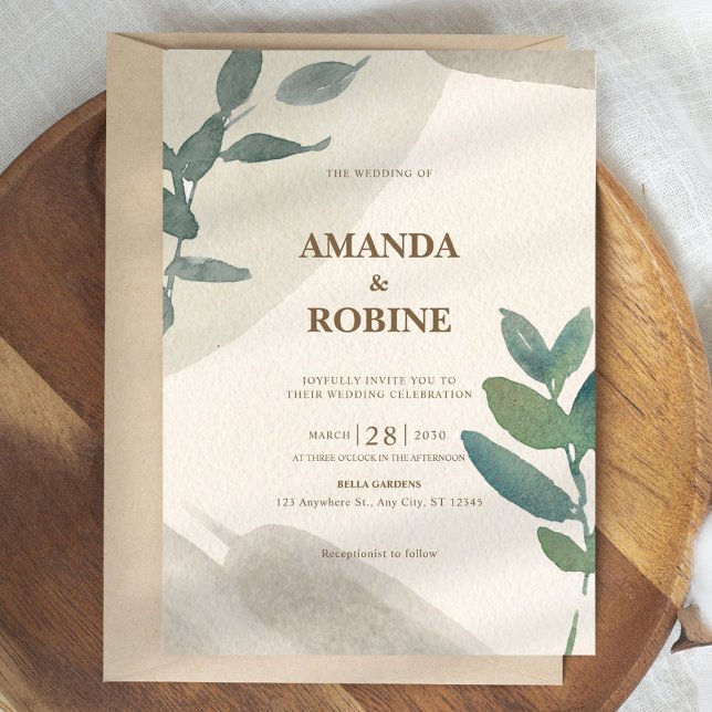 Invitation Mariage sobre et élégant de la feuille d'aquarelle (Créateur téléchargé)