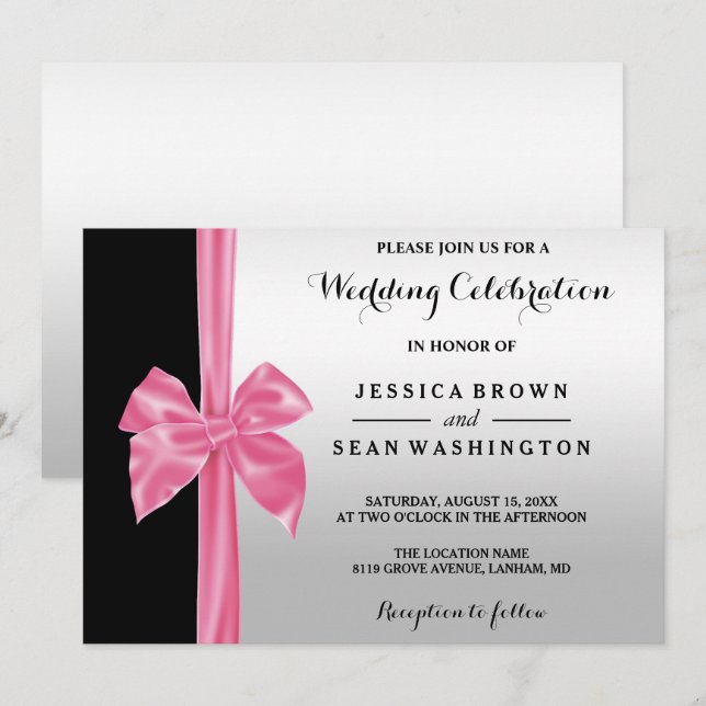 Invitation Mariage Soie Romantique Ruban Argent & Noir (Devant / Derrière)