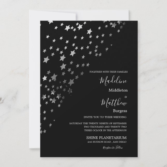 Invitation Mariage Soirée Astral Stars Argent Noir (Devant)