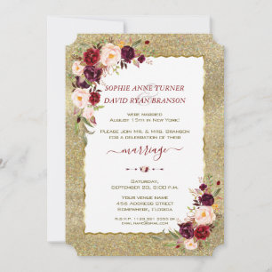 Invitation Mariage Soirée Floral Bourgogne Paillettes Or