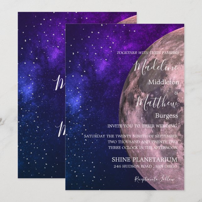 Invitation Mariage Soirée Sky Moon Stars Purple Mariage (Devant / Derrière)