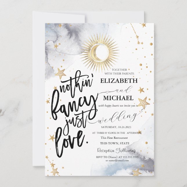 Invitation Mariage Soleil Céleste, Lune, Étoiles (Devant)