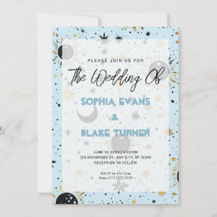 Invitation Mariage Soleil Lune Étoiles Céleste Noir, Or, Bleu