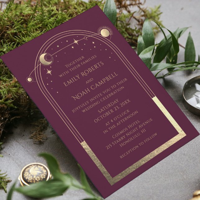 Invitation Mariage Soleil Lune Étoiles Plume Céleste Or (Créateur téléchargé)