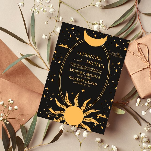 Invitation Mariage Soleil Lune Noir et Or Mystique (Créateur téléchargé)