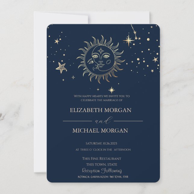 Invitation Mariage Soleil Lune Or Céleste  (Devant)