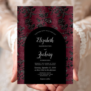 Invitation Mariage sombre Bourgogne Noir Damassé Arch