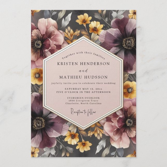 Invitation Mariage sombre mauve et souci (Devant)