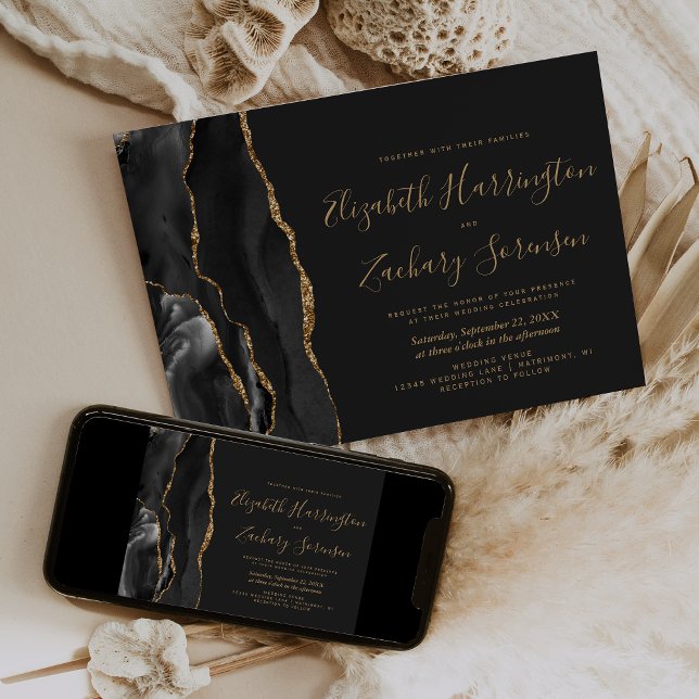 Invitation Mariage sombre moderne à agate noir et or (Créateur téléchargé)