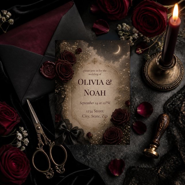 Invitation Mariage sombre romantique gothique Rose & Lune (Elegant gothic wedding invitation featuring deep burgundy roses, antique parchment.)