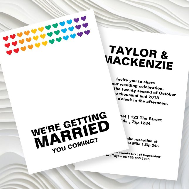 Invitation Mariage Sonne Gay Fun Rainbow Pride (Wedding Sounds Gay Fun Rainbow Pride Invitations by Ricaso. Same sex wedding invites with hearts)