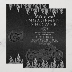 Invitation Mariage sous la douche à moto en cuir noir argenté