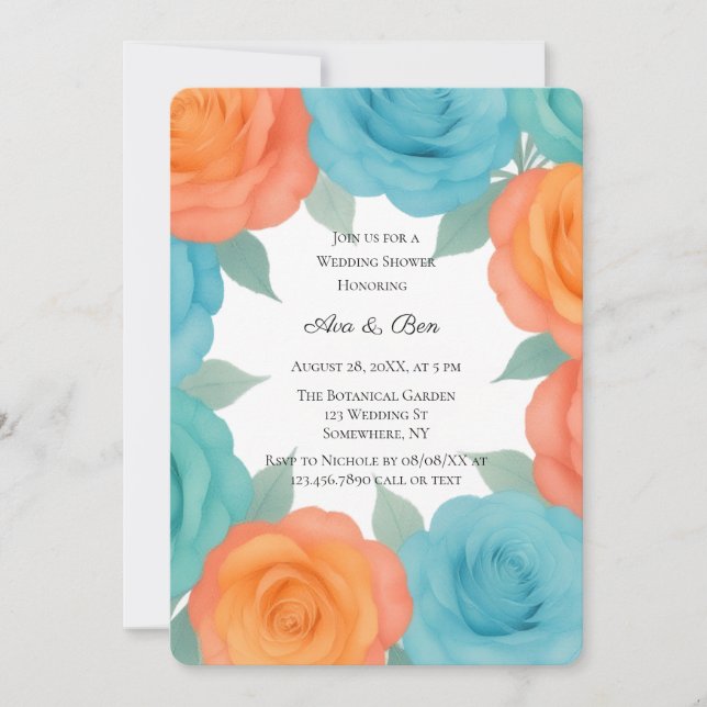 Invitation Mariage sous la douche de roses orange et sarcelle (Devant)